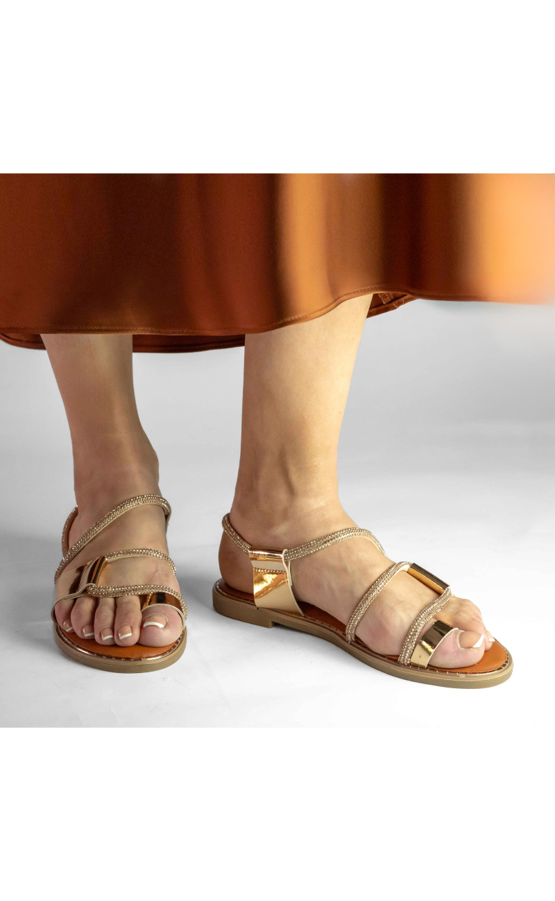 Flat Σανδάλια με Λουράκια από Strass και Χρυσή Λεπτομέρεια