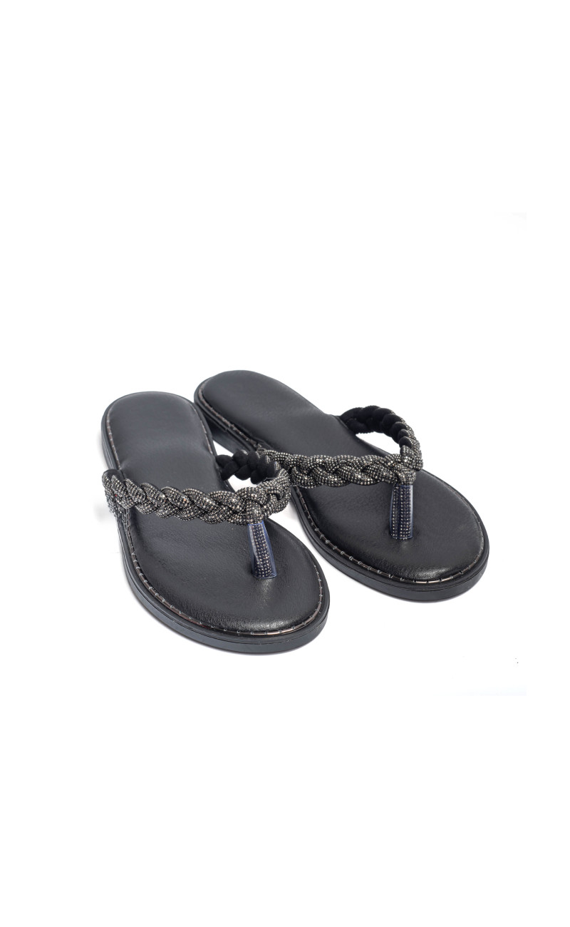 Flat Σανδάλια με Λουράκι Πλεξούδα & Strass