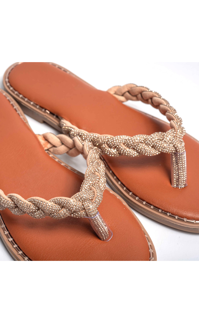 Flat Σανδάλια με Λουράκι Πλεξούδα & Strass