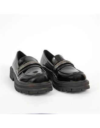 Γυναικεία Μαύρα Φλατ Δερμάτινα Παπούτσια Με Στρας