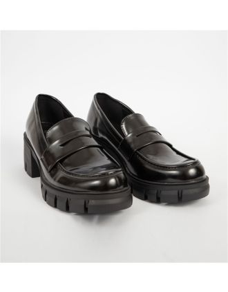 Γυναικεία Μαύρα Φλατ Δερμάτινα Loafers Με Χοντρή Σόλα